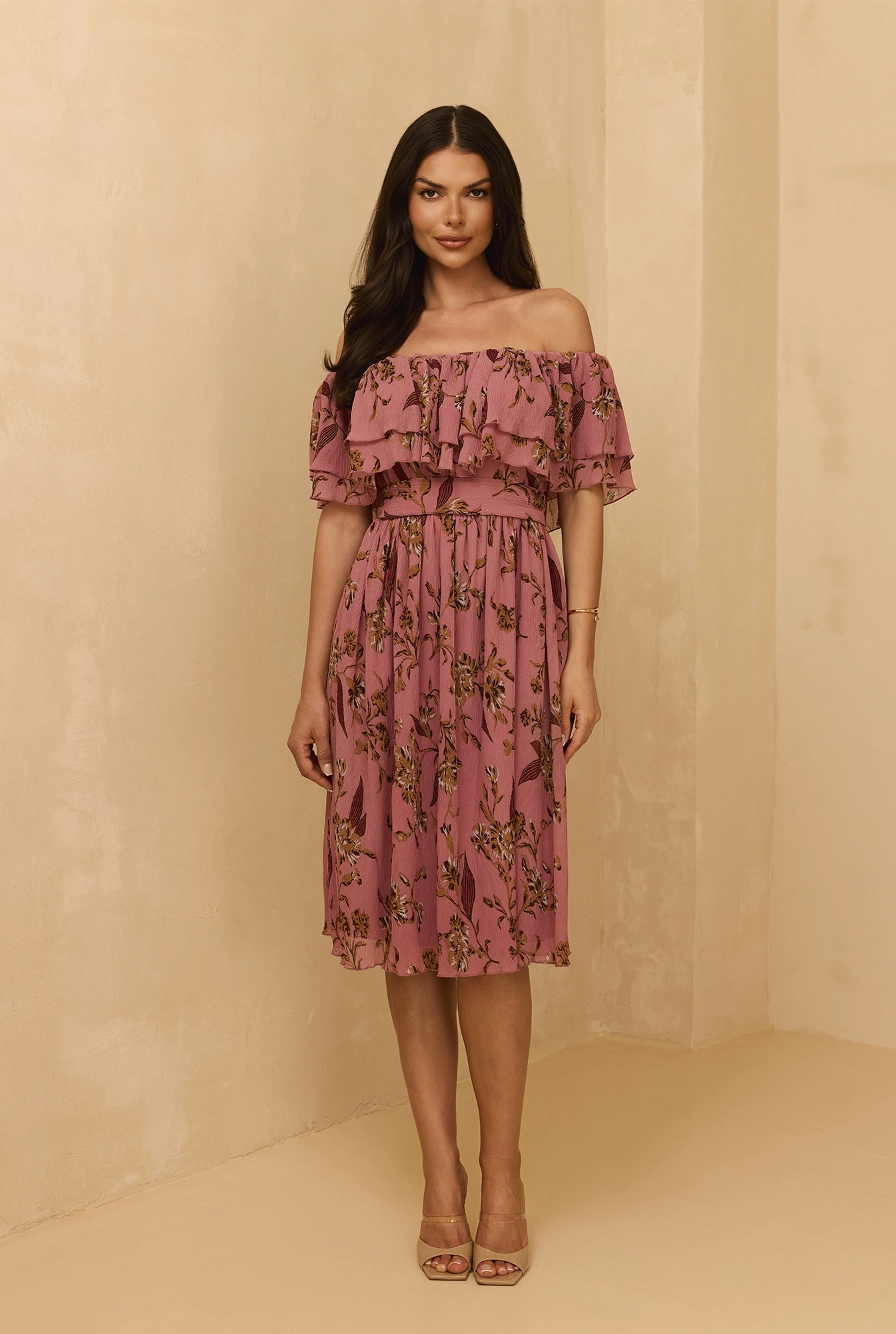 Lavinia - Robe midi en rose sale avec imprimés floraux